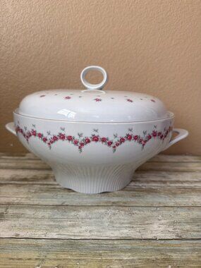 JLMenau Henneberg Soup Tureen Pink Rose Garland GDR Porcelain Covered Bowl